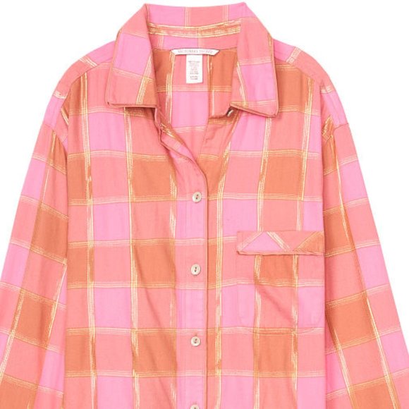 VICTORIA'S SECRET XS Flannel Top Plaid Pink w/ Gold Metallic NWT - Picture 13 of 16